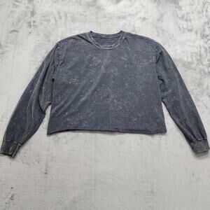 Vanilla Star Top Womens L Gray Acid wash Crew Neck Long Sleeve Crop Tee Grunge